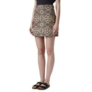 Patterned Tile-Print Mini Skirt in Beige and Brown
